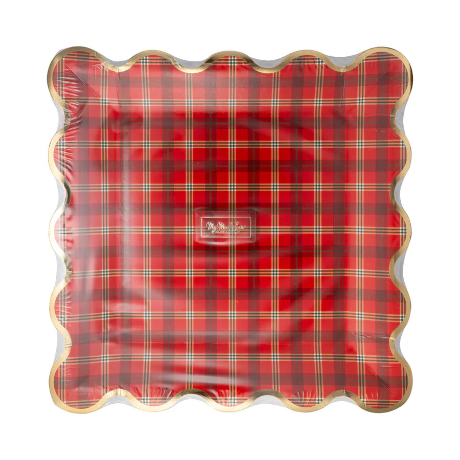 Red Plaid Square Gold Foil Scallop Plate