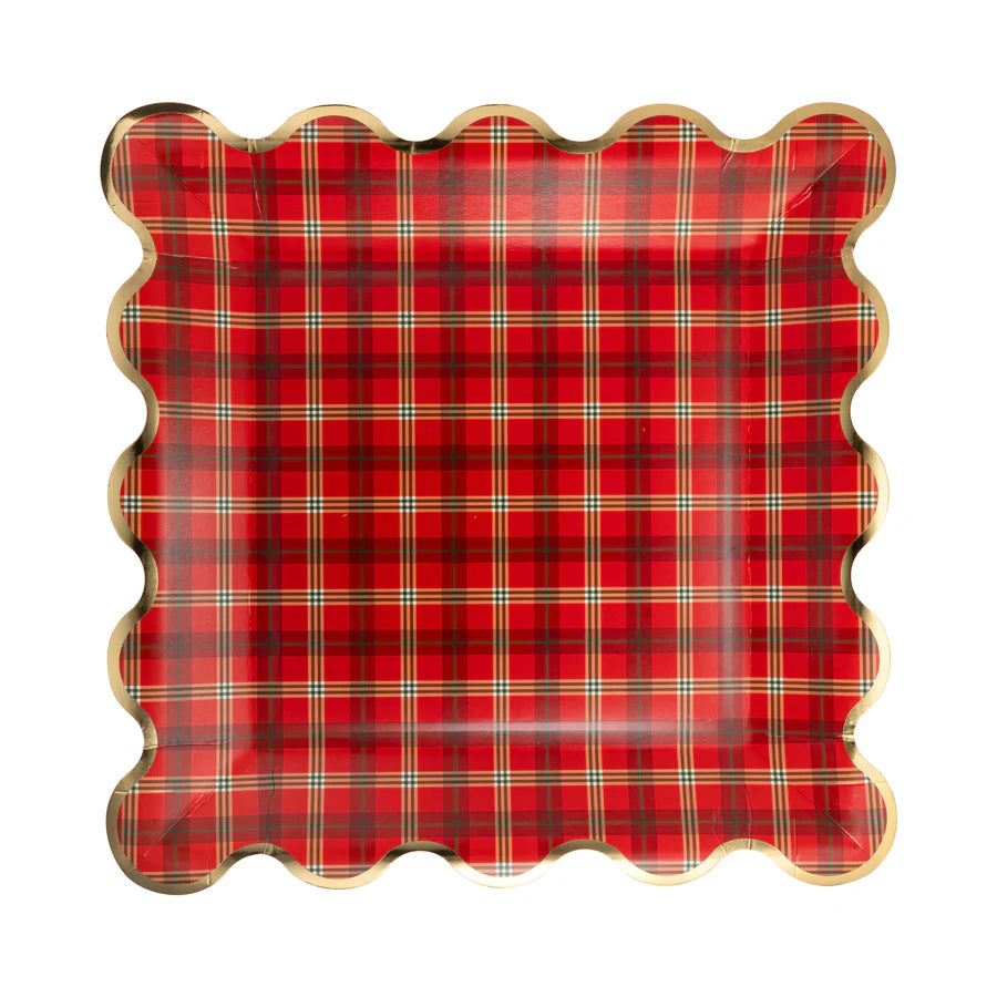 Red Plaid Square Gold Foil Scallop Plate