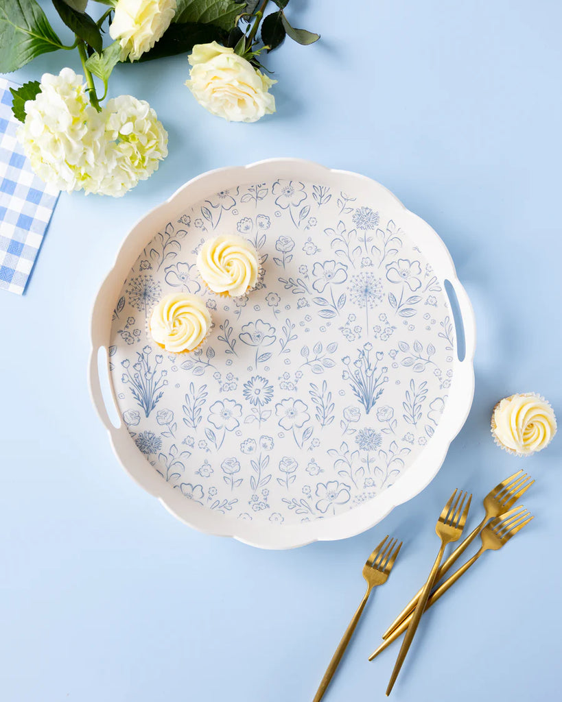 Pembroke Floral Round Scalloped Bamboo Tray