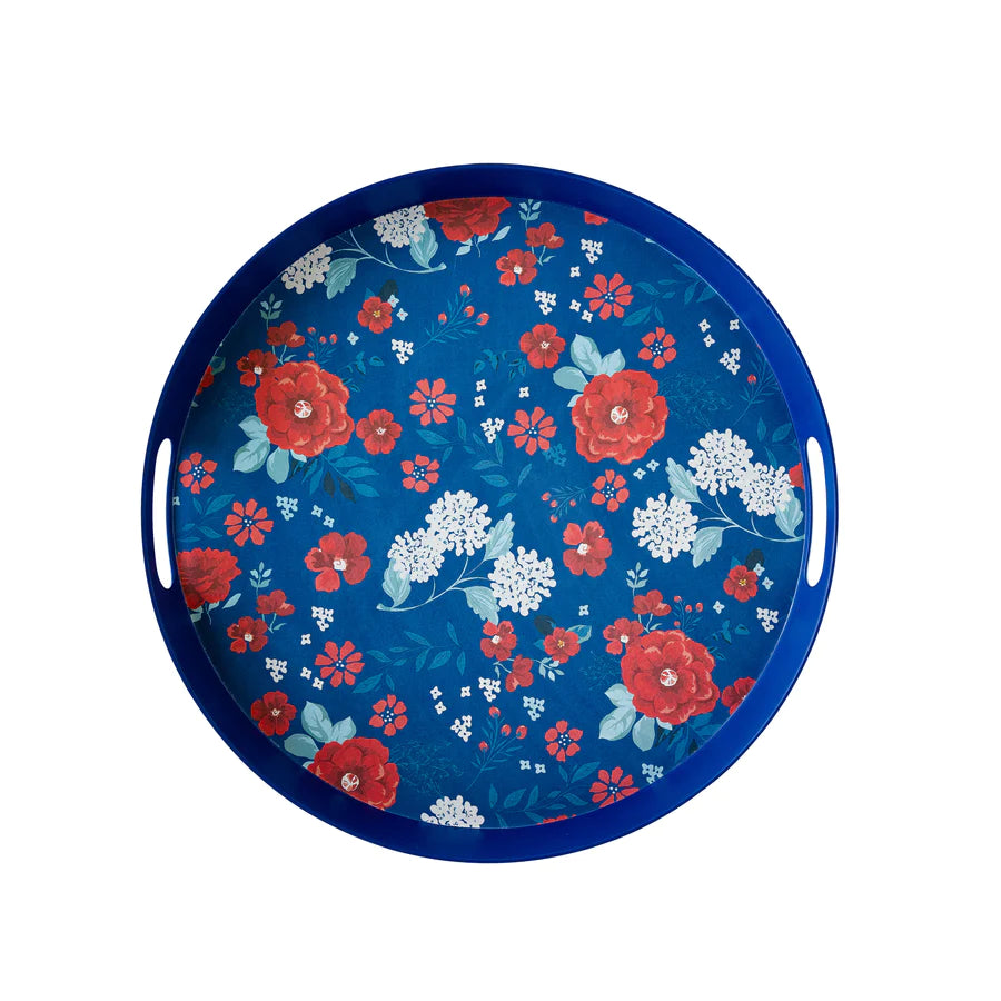 RED/WHITE/BLUE FLORAL REUSABLE BAMBOO ROUND SERVING TRAY